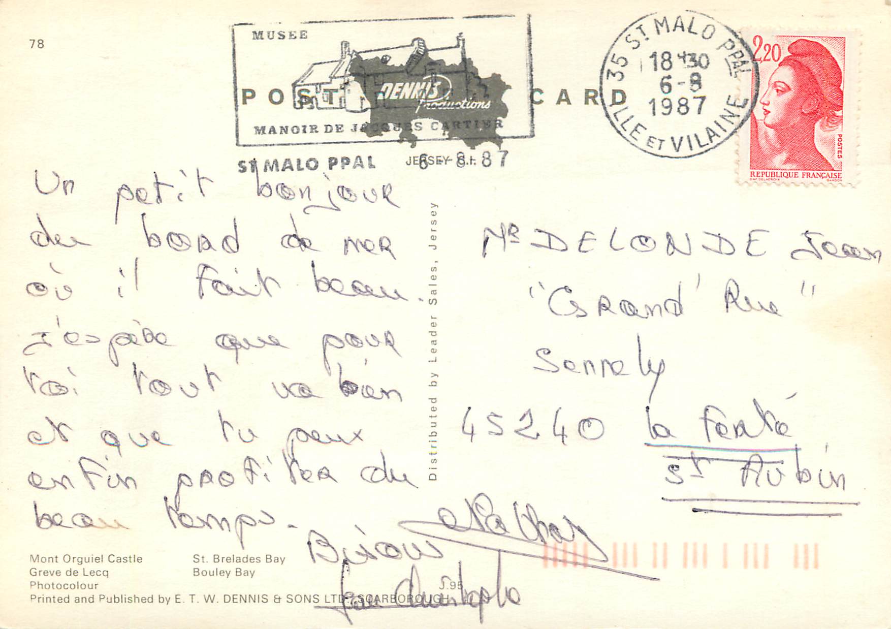 CPM Mont Orgueil Castle Greve de Lecq St Brelades Bay Bouley Bay — Verso