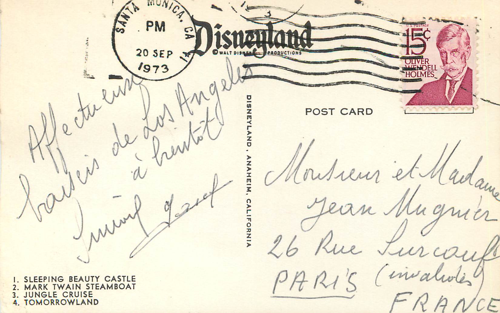 CPM Disneyland Sleeping Beauty Castle Mark Twain steamboat Jungle Cruise Tomorrowland Mickey — Rückseite