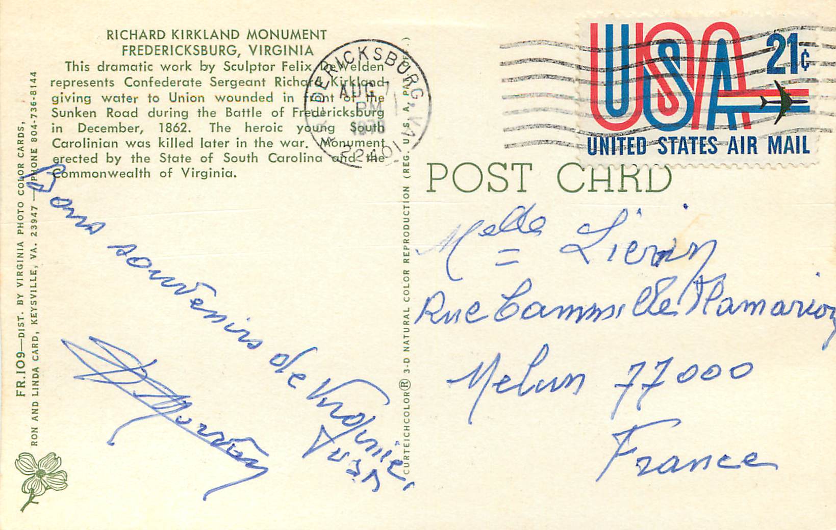 CPM Richard Kirkland Monument Fredericksburg Virginia — Back