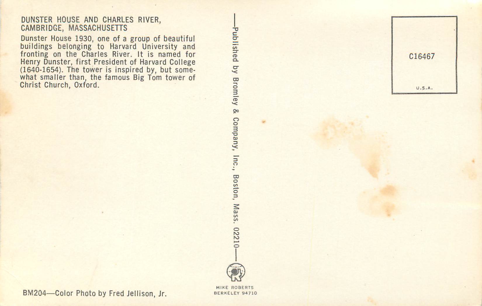 CPM Dunster House and Charles River Cambridge Massachusetts — Rückseite