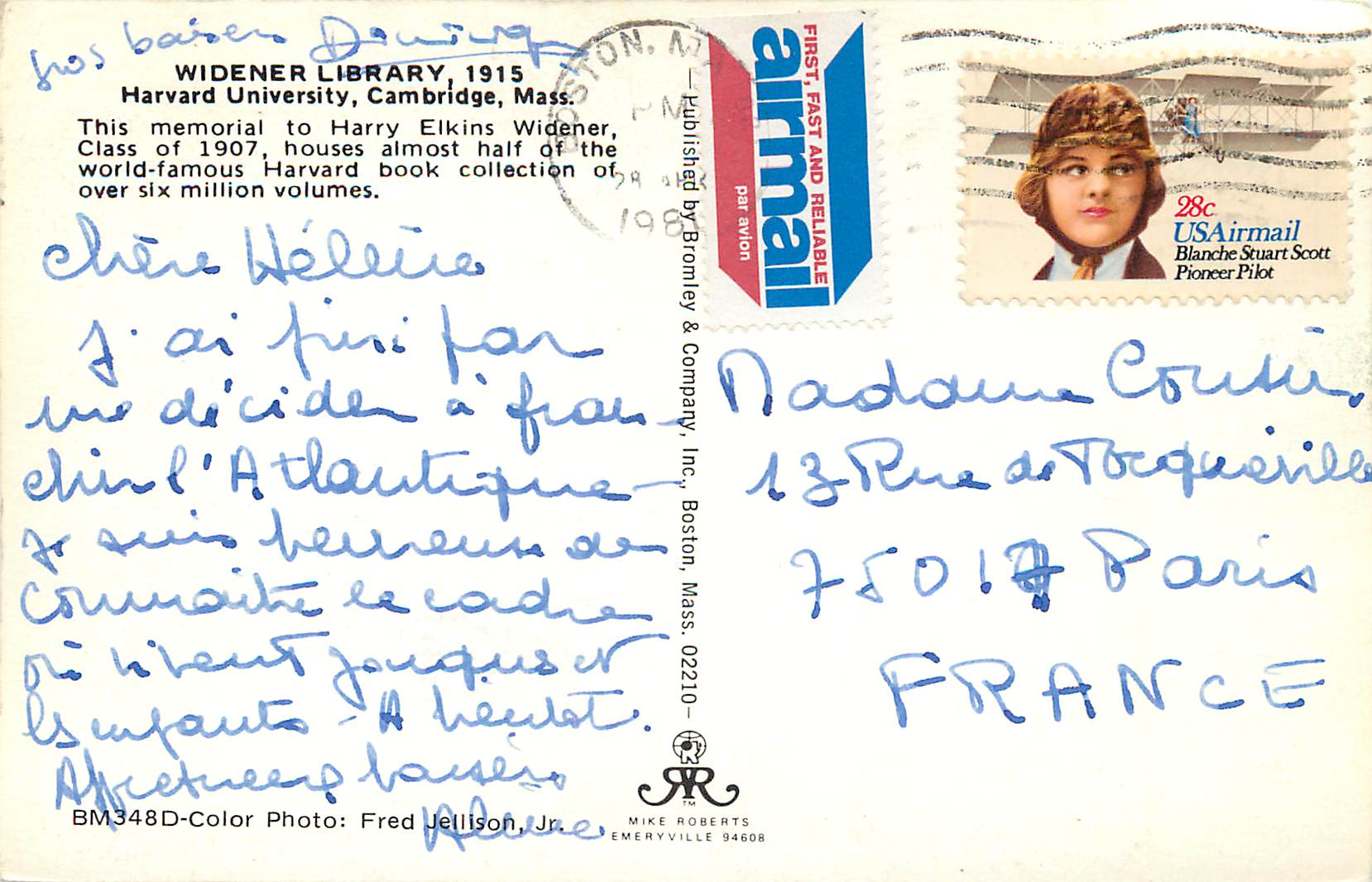 CPM Widener Library 1915 Harvard University Cambridge Mass — Rückseite