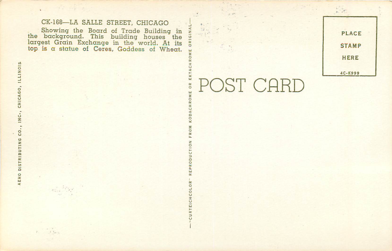 CPM CK 168 La Salle Street Chicago — Back