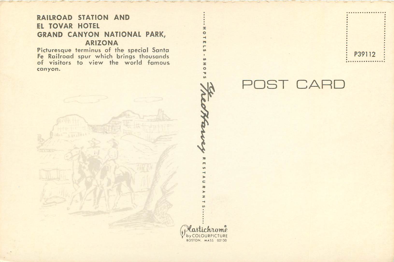 CPM Grand Canyon National Park Arizona Railroad Station and Tovar Hotel — Rückseite
