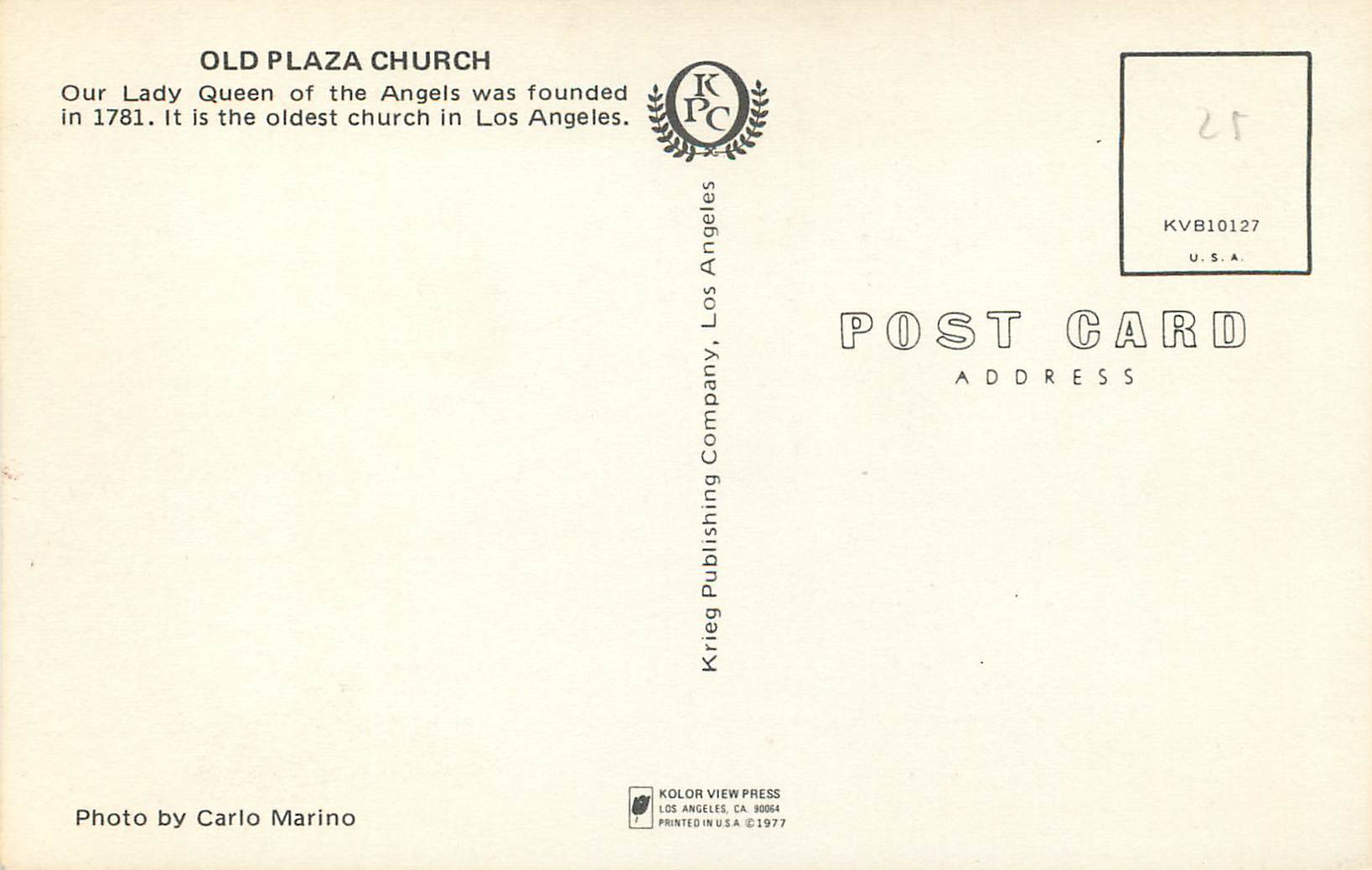 CPM Oldest Church In Los Angeles — Rückseite