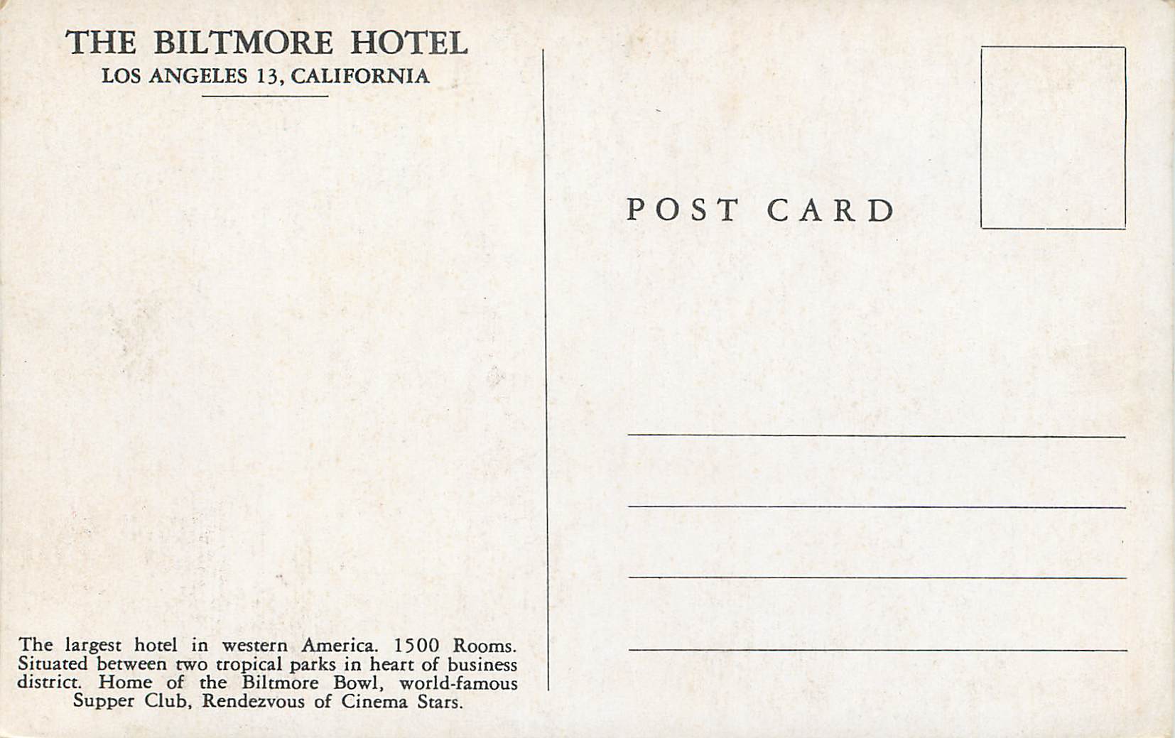 CPM The Biltmore Hotel Los Angeles 13 California — Rückseite