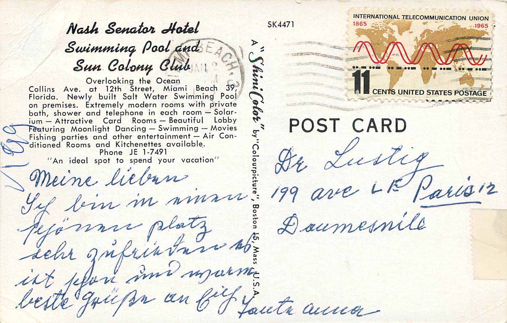 CPM Miami Beach Florida Nash Senator Hotel Swimming Pool and Sun Colony Club — Rückseite