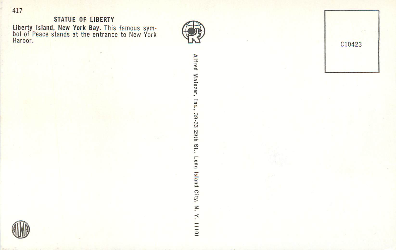 CPM Statue of Liberty Island New York Bay — Rückseite