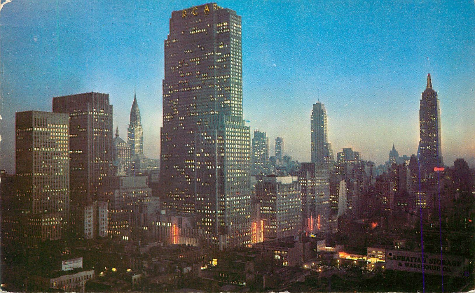 CPM Night Falls on Midtown Manhattan Showing RCA Building Chrysler Building and Empire State Building