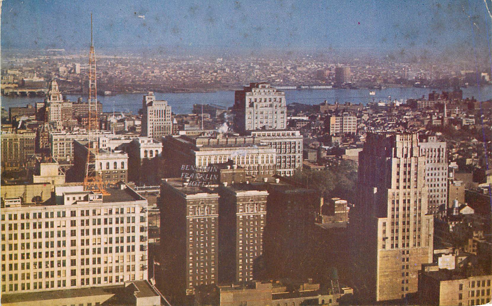 CPM View Toward Benjamin Franklin Hotel and Delaware River Philadelphia