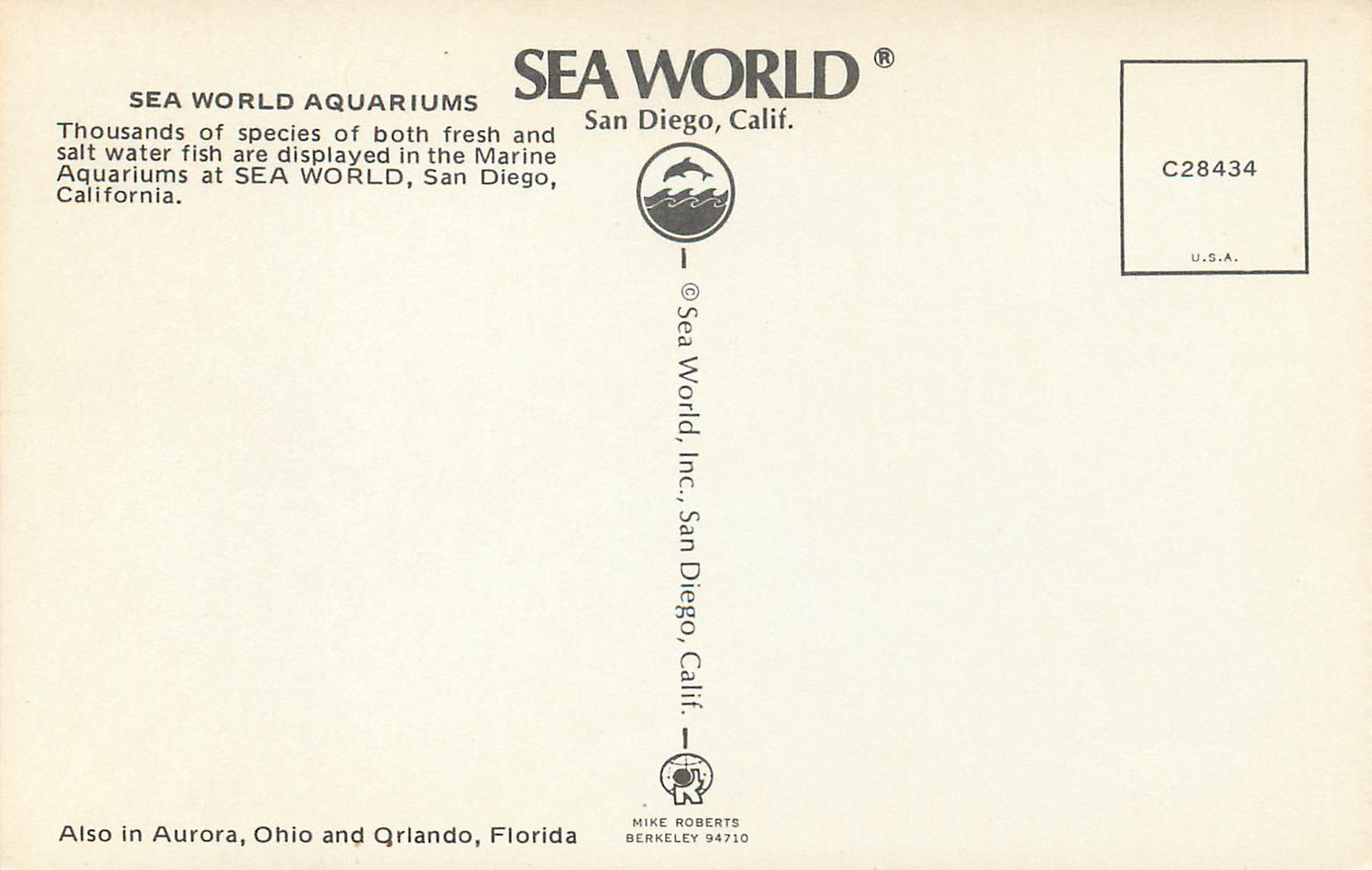 CPM Sea World Aquariums Thousands of Species of Both Fresh and Salt water Fish at Sea World San Diego California — Rückseite
