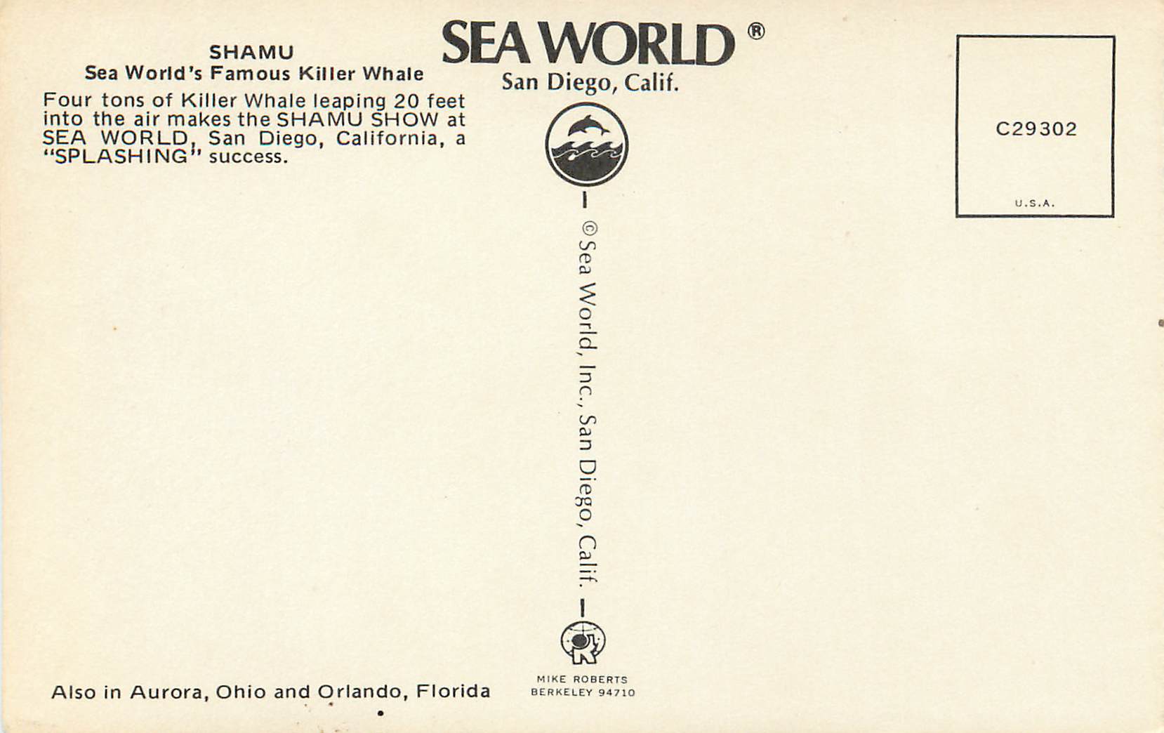 CPM Shamu Sea World's famous Killer Whale Four tons of Killer Whale leaping 20 feet San Diego California — Rückseite
