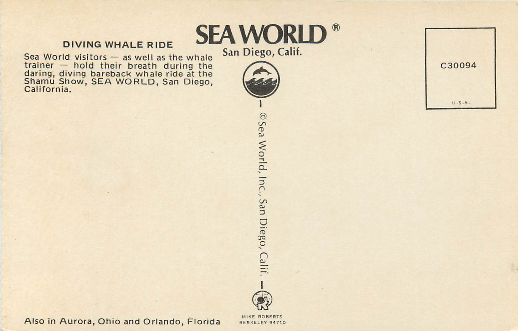 CPM Diving Whale Ride Sea World Visitors Sea World San Diego California — Rückseite