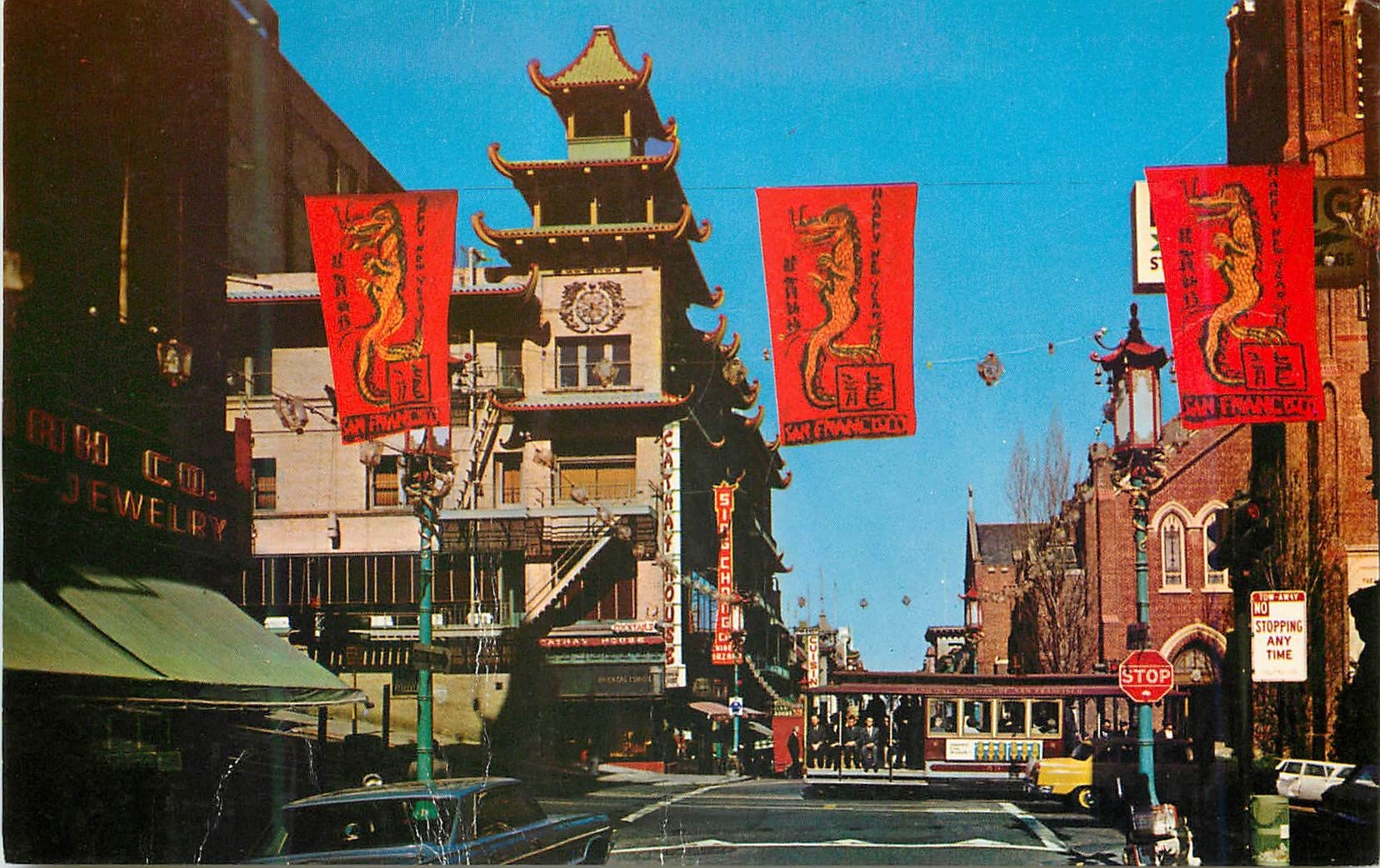CPM San Francisco Chinatown Showing California Street Cable Car as it crosses Grant Avenue
