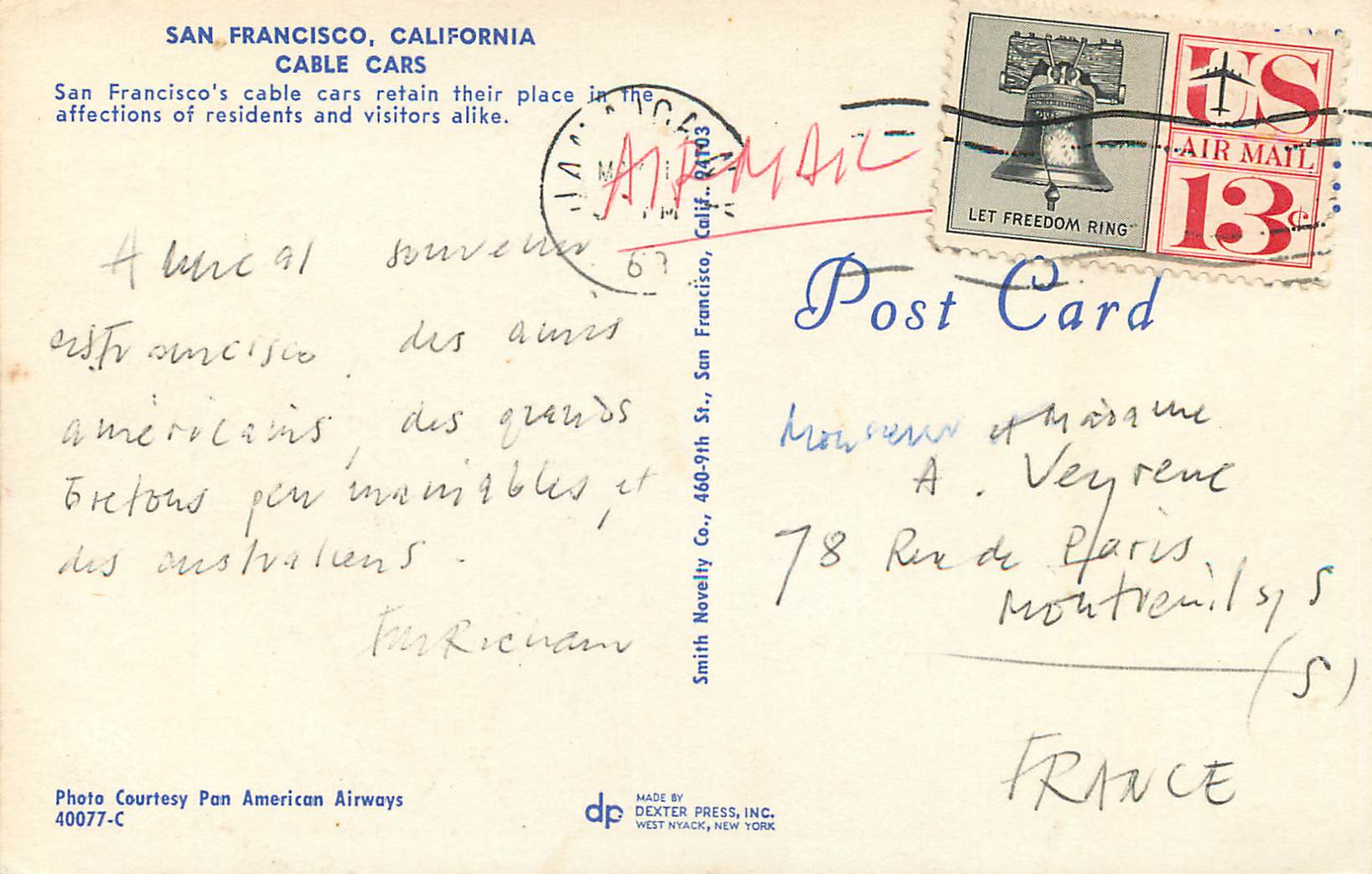 CPM San Francisco California Cable Cars Tramway — Verso