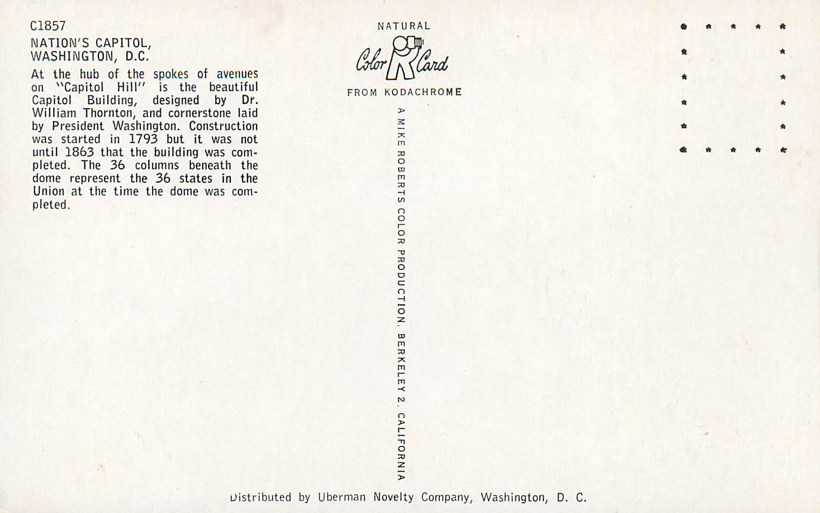 CPM Nation's Capitol Washington DC designed by Dr William Thornton Construction was started in 1793 — Rückseite