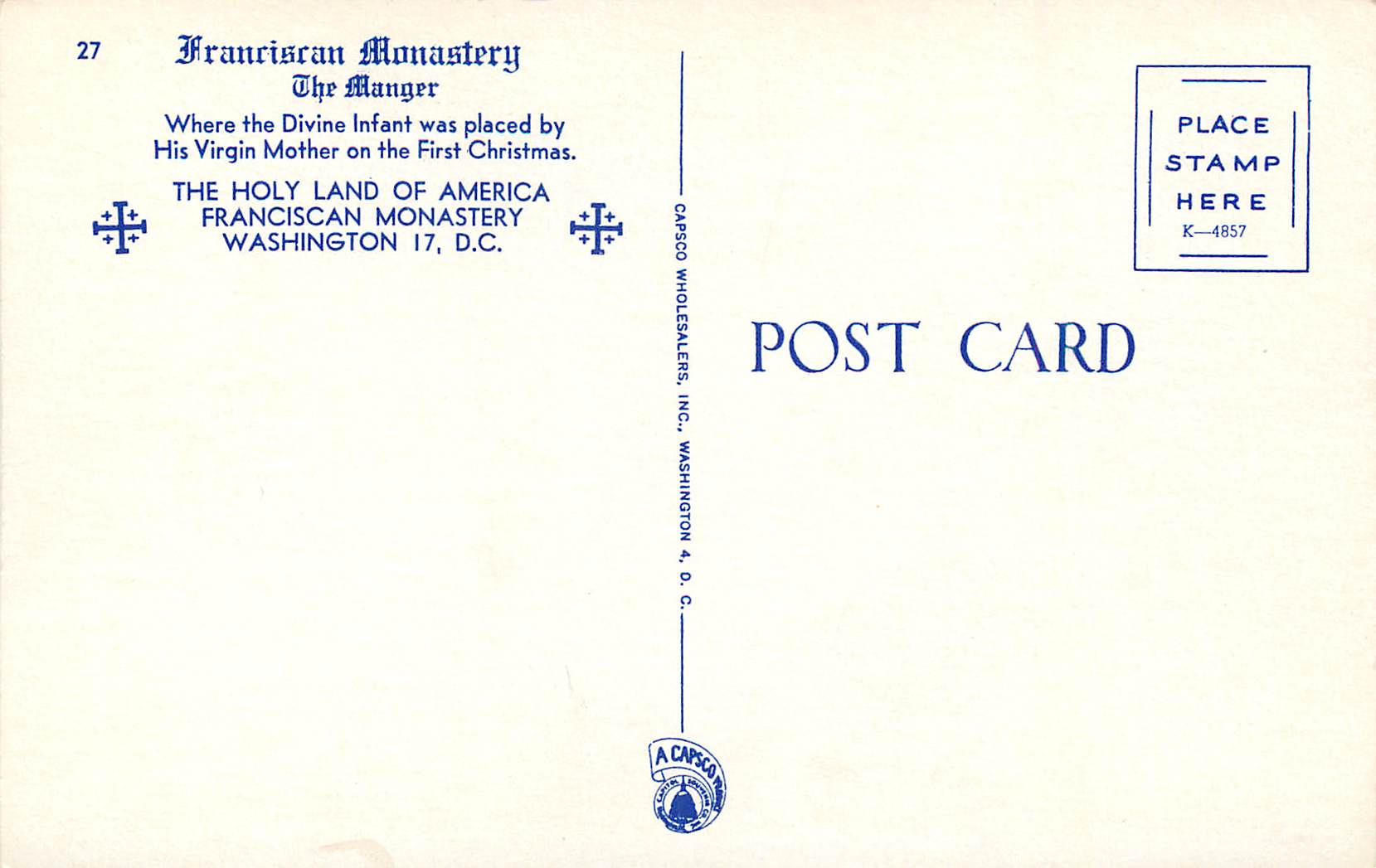 CPM The Holy Land of America Franciscan Monastery Washington 17 DC — Rückseite