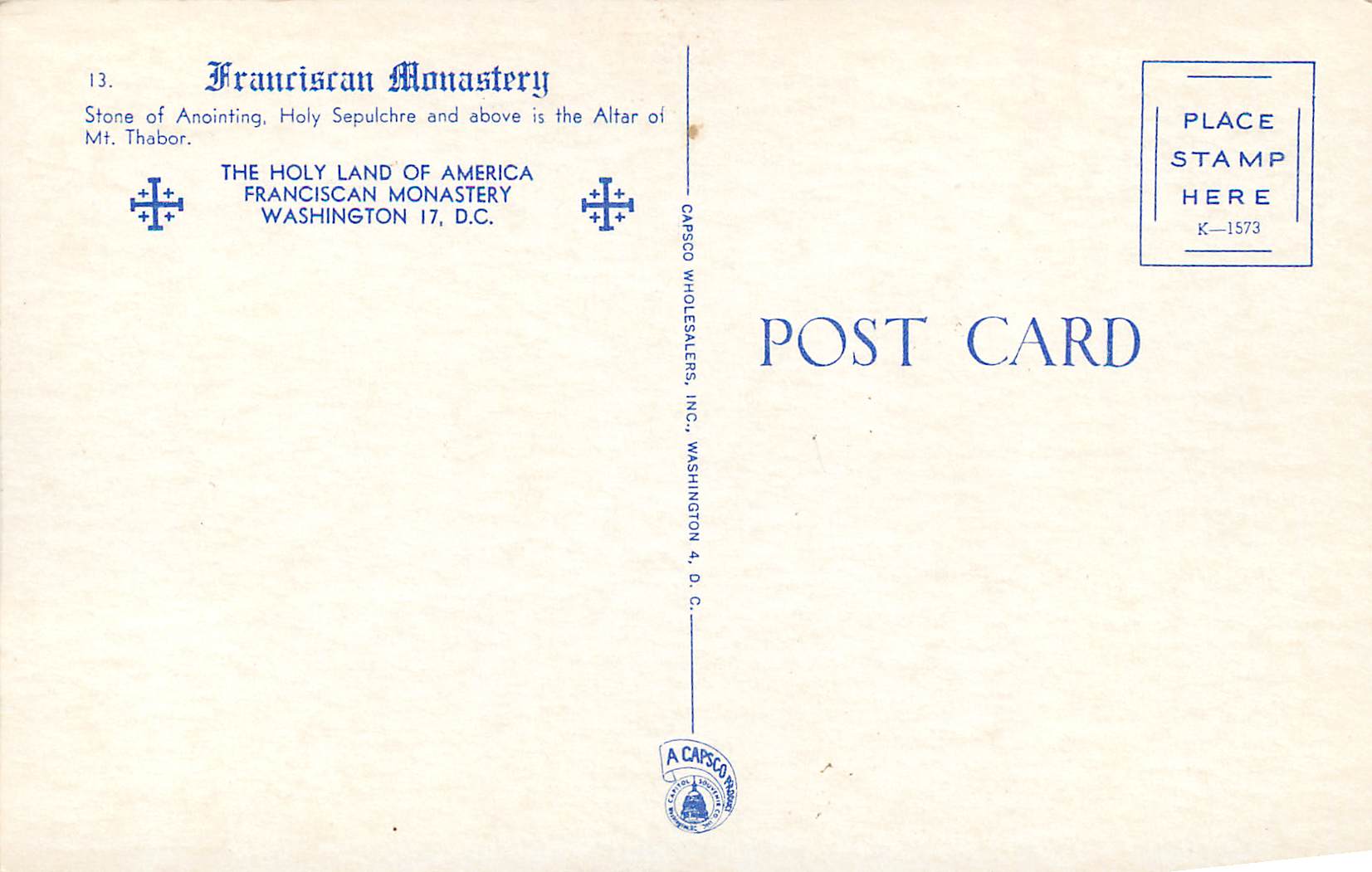 CPM Stone of Anointing Holy Sepulchre and above is the Altar of Mt Thabor The Holy Land of America Franciscan Monastery  — Rückseite