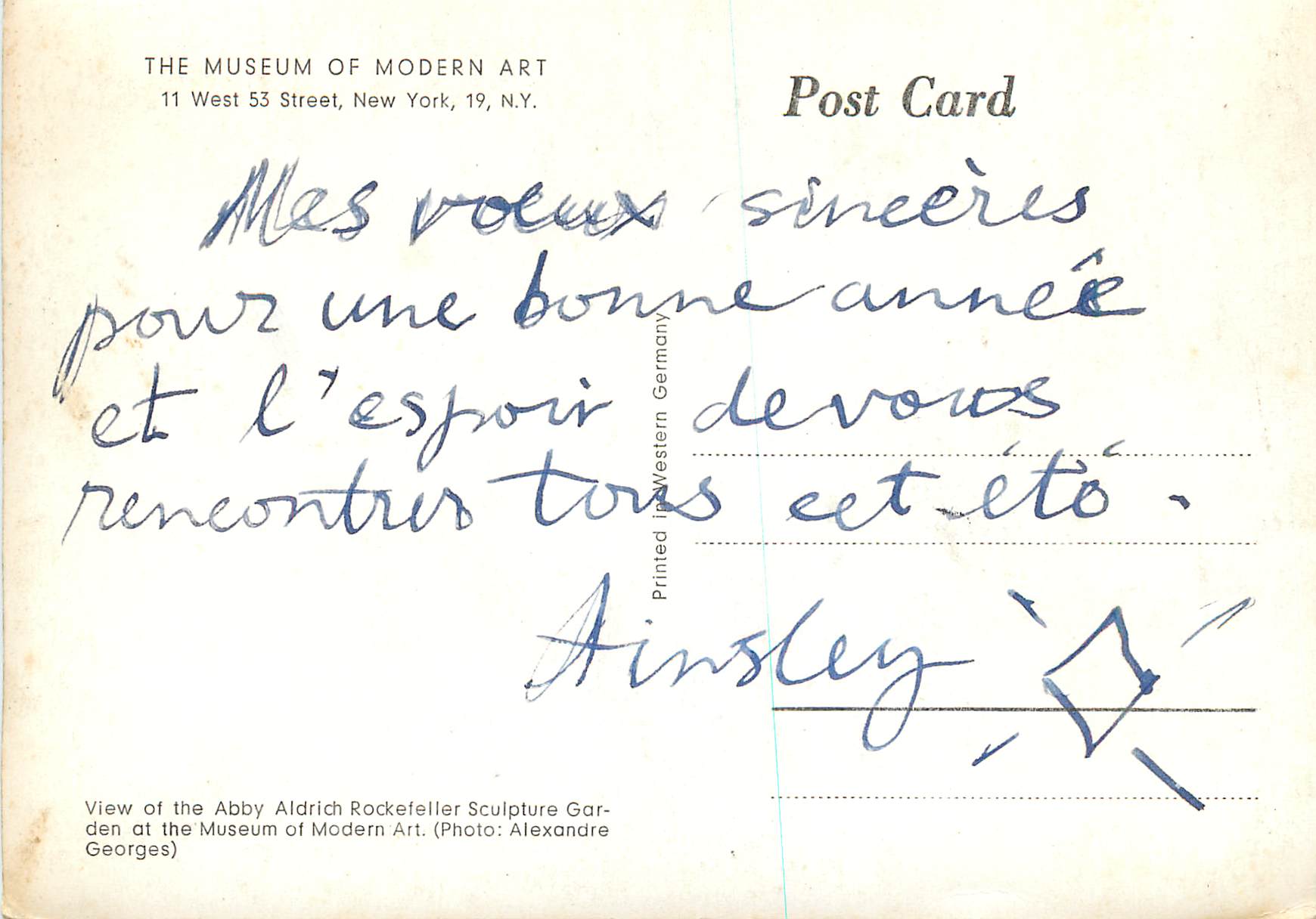CPM The Museum of Modern Art 11 west 53 Street New York 19 NY — Rückseite