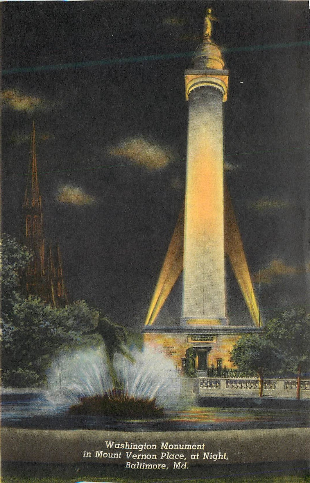 CPM Washington Monument in Mount Vernon Place at Night Baltimore Md War Memorial and Plaza Baltimore Md