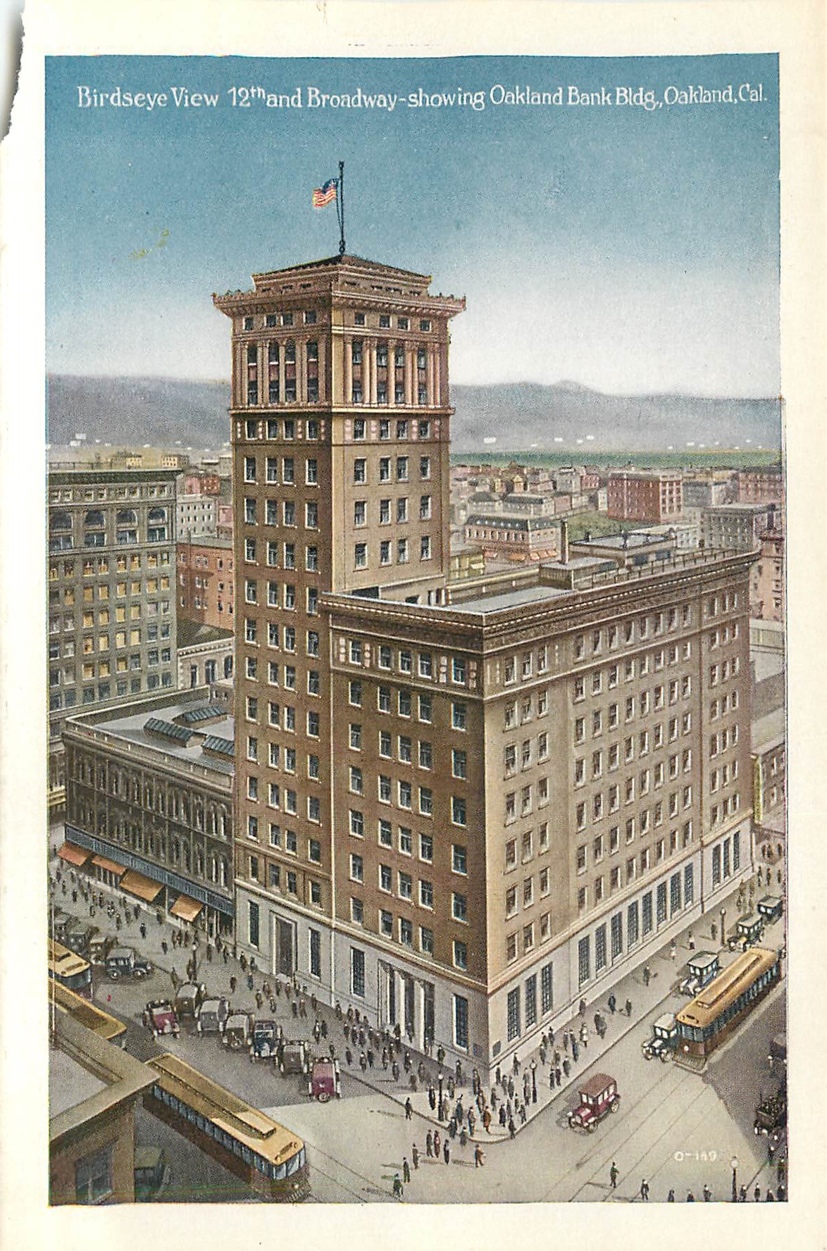 CPM City Hall Oakland Cal Bird Eye View 12th and Broadway Showing Oakland Bank — Rückseite