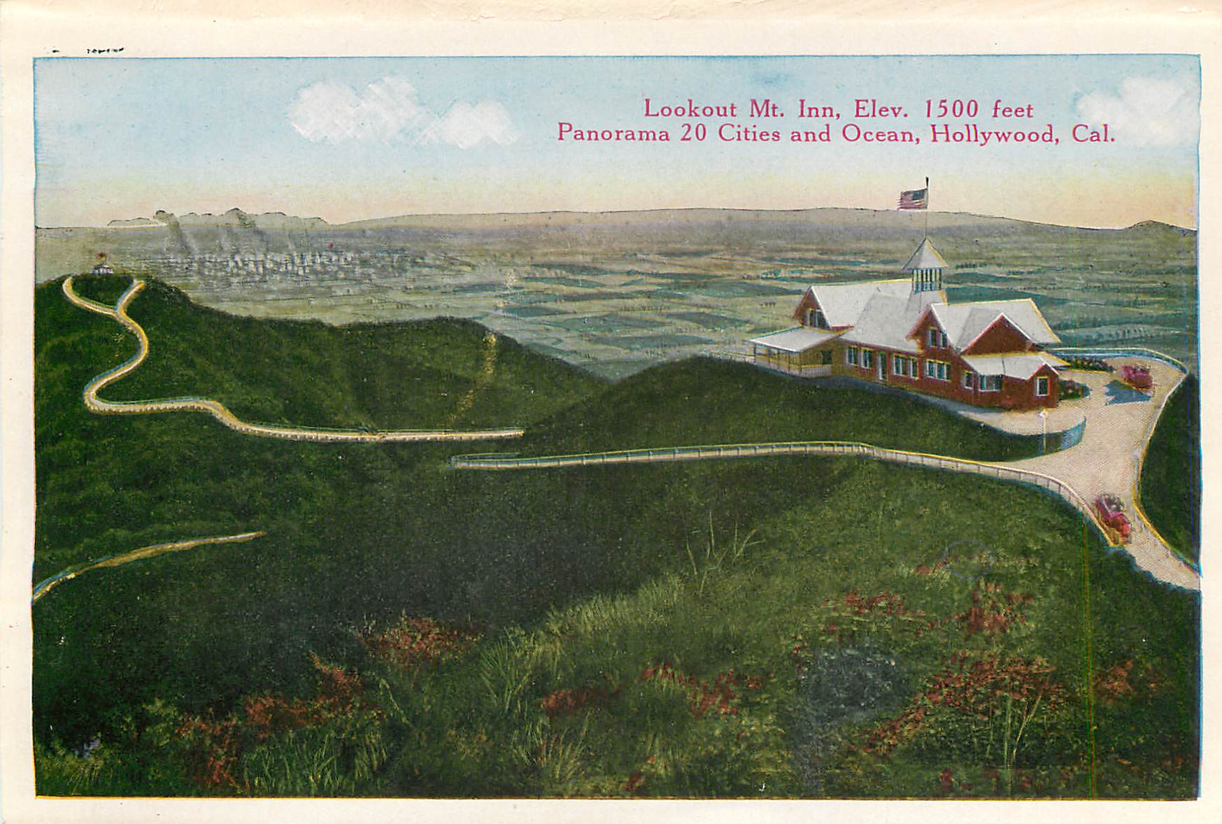 CPM Circular Bridge Mt Lowe California Elevation 4200 Feet Lookout Mt Inn Elev 1500 Feet Panorama 20 Cities and ocean Ho — Rückseite