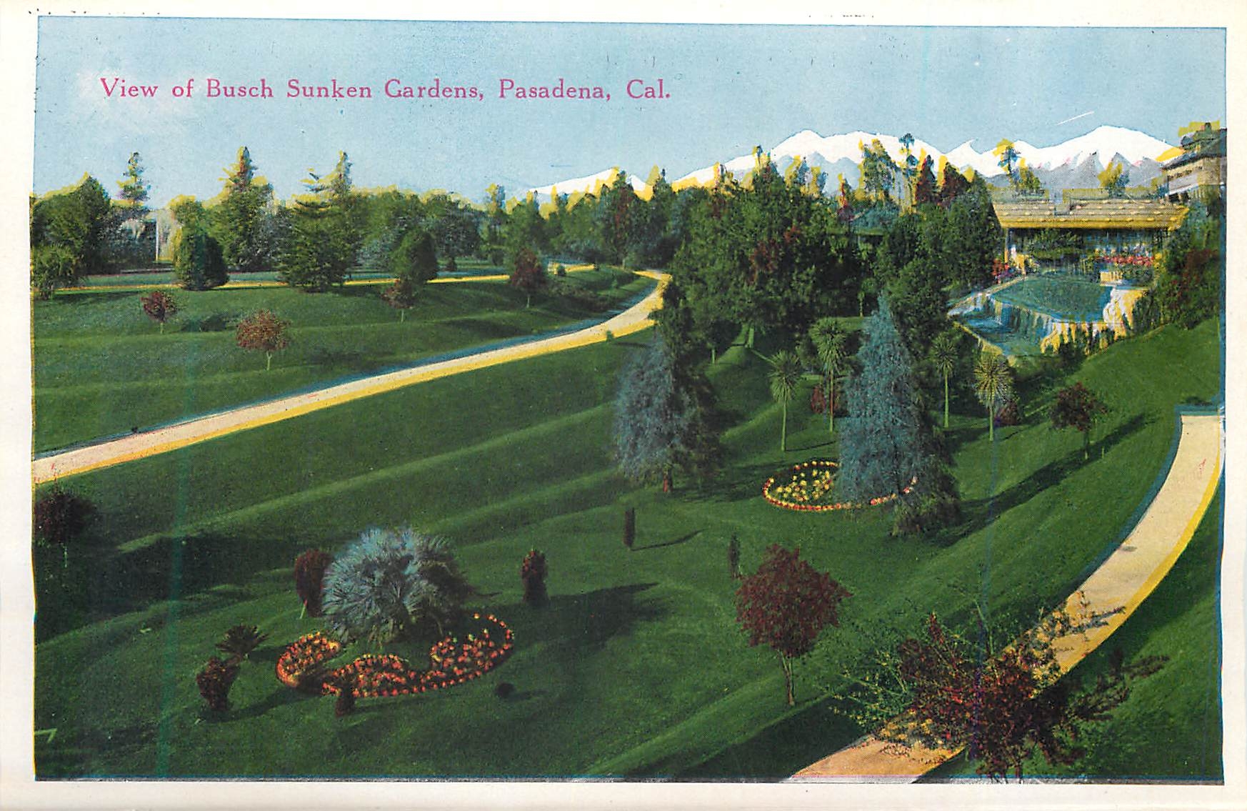 CPM View of Busch Sunken Gardens Pasadena Cal City Park and Public Library San Pedro Cal 