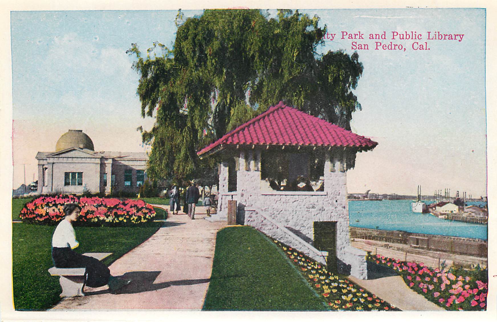 CPM View of Busch Sunken Gardens Pasadena Cal City Park and Public Library San Pedro Cal  — Rückseite