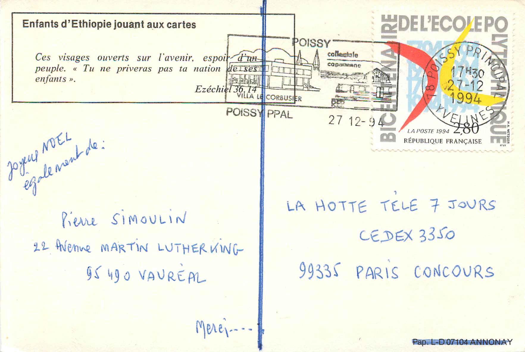 CPM Fnfants D'Ethiopie Jouant aux Cartes Ces Visages Ouverts Sur L'avenir Espoir d'un Peuple — Rückseite