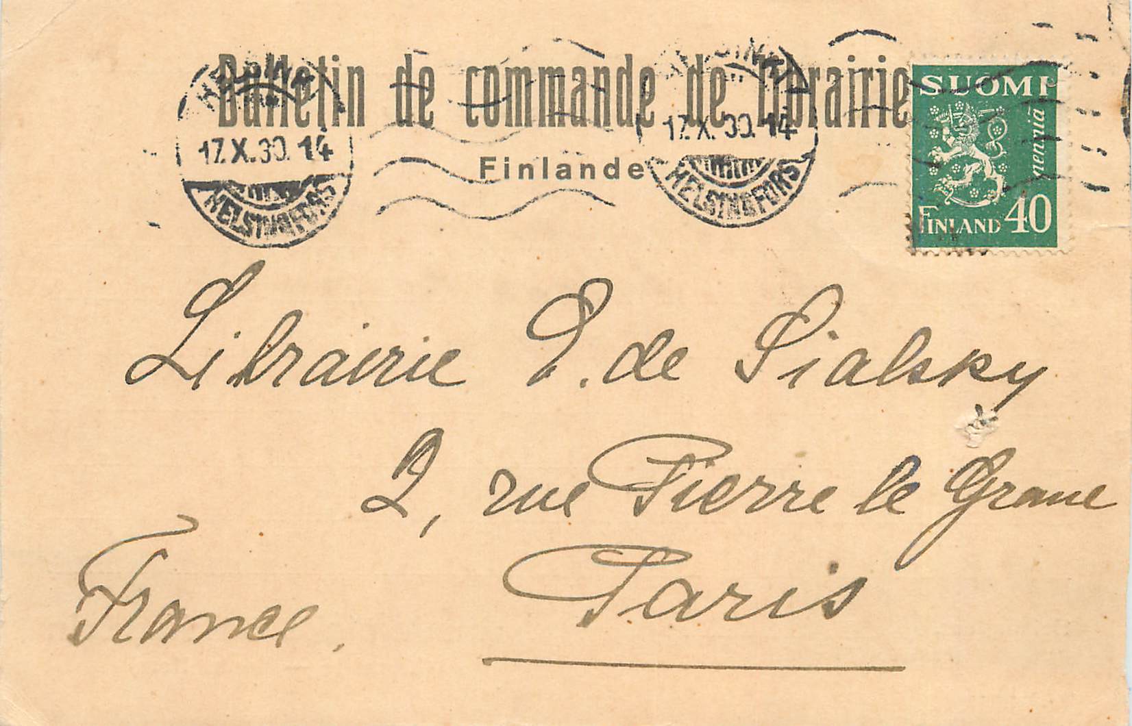 Entier Postal Helsingfors Finlande 1930 pour Rue Pierre le Grand Paris France