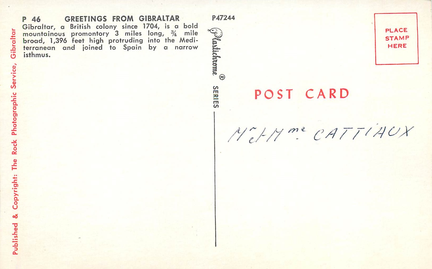 CPM Greetings From Gibraltar A British Colony Since 1704 — Rückseite
