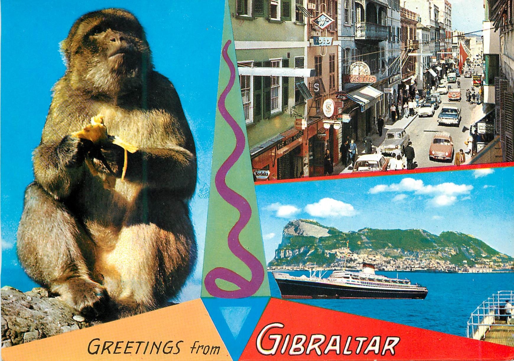 CPM Greetings From Gibraltar Rock Ape Main Street ROck From Bay Singe Bateau