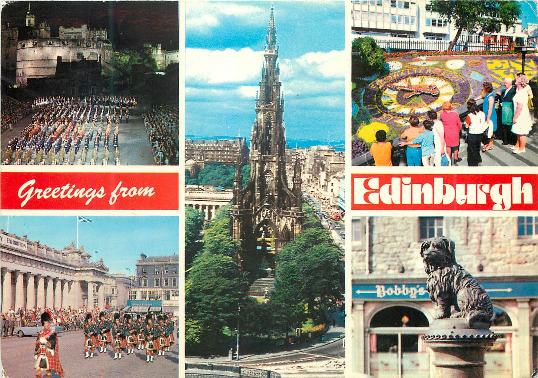 CPM Greetings from Edinburgh Military Tatoo Flood it The Scott Monument The Floral Clock Greyfriars Bobby