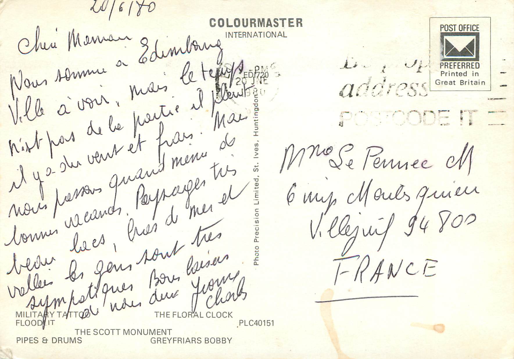 CPM Greetings from Edinburgh Military Tatoo Flood it The Scott Monument The Floral Clock Greyfriars Bobby — Rückseite
