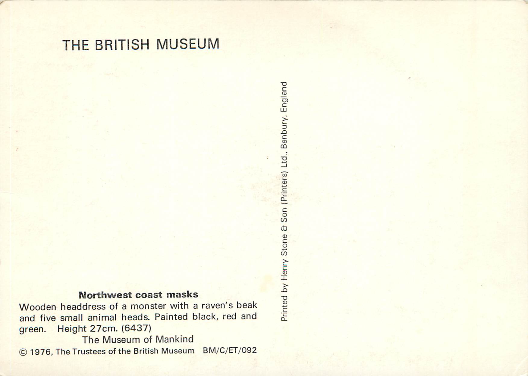 CPM The British Museum Northwest Coast Masks The Museum of Mankind — Rückseite