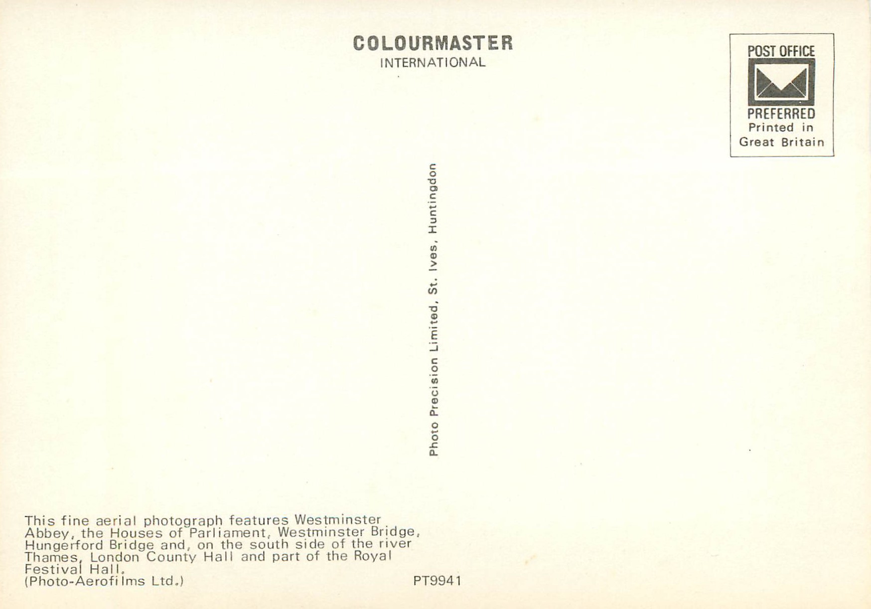 Houses of Parliament, Westminster Abbey and the Thames from the Air — Colourmaster International, PT9941 — Verso