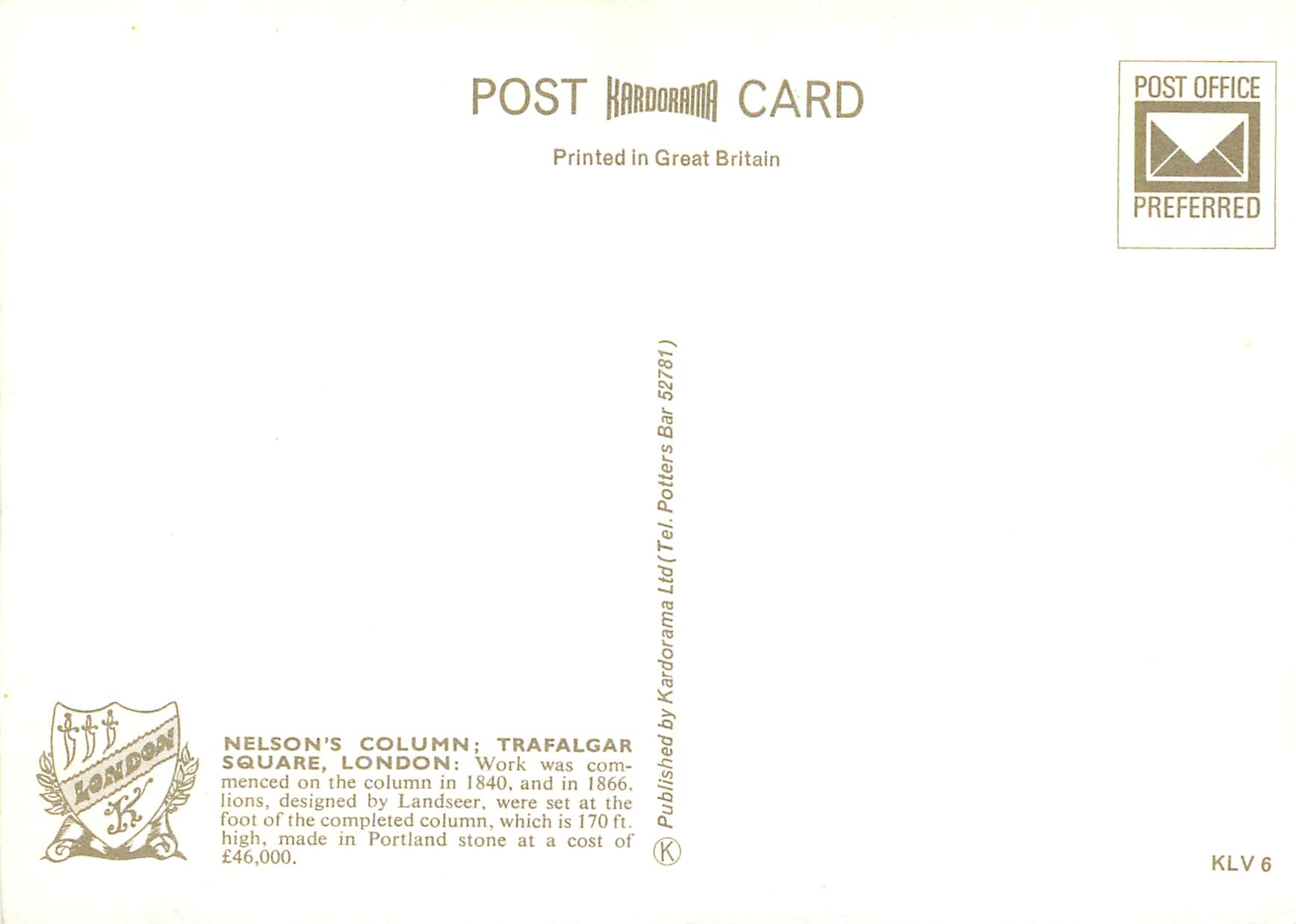 Nelson's Column, Trafalgar Square, London — Kardorama Ltd. n° 52781 — Achterkant