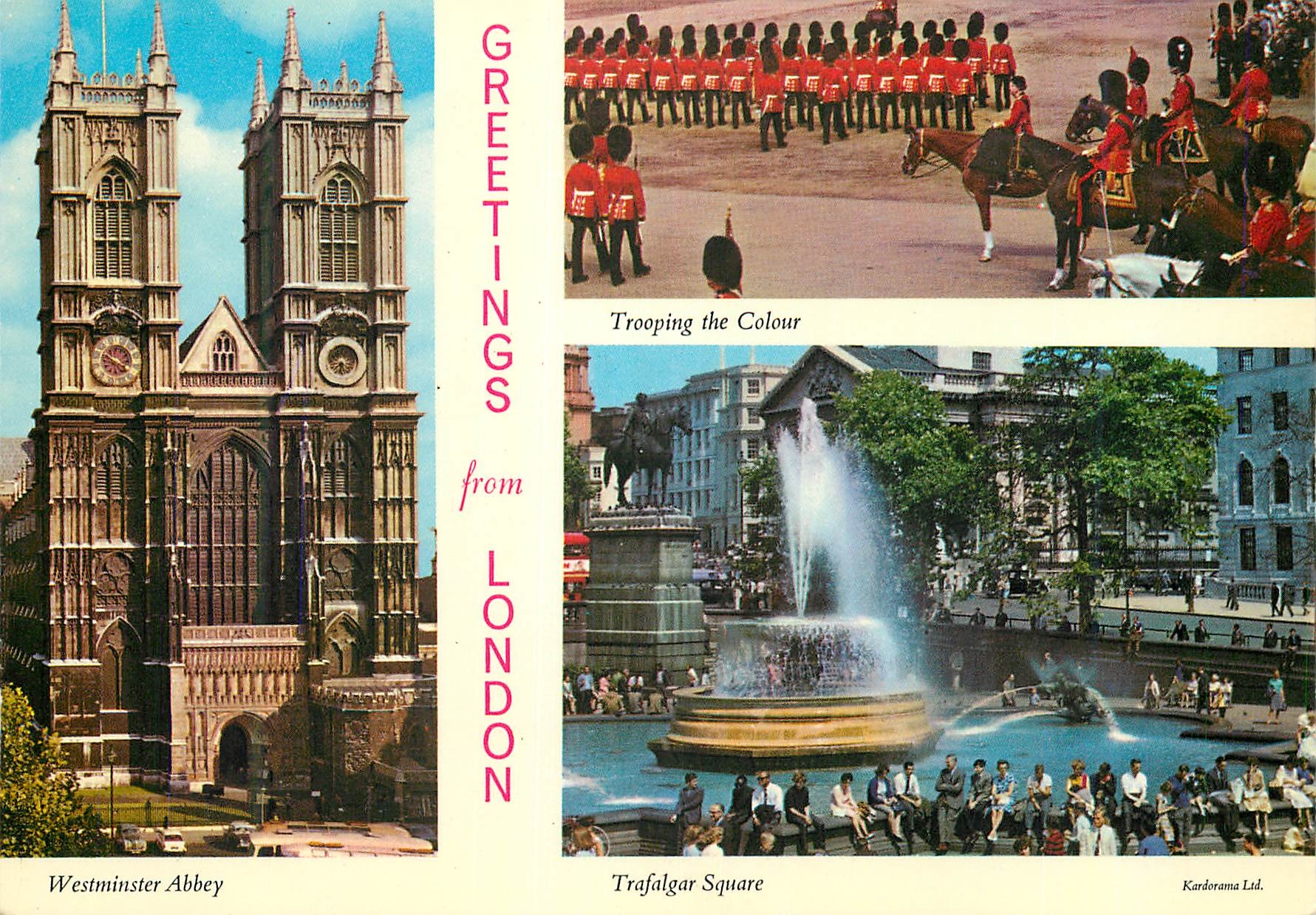 CPM Greeting from London Westminster Abbey Trooping Colour Trafalgar square Militaria