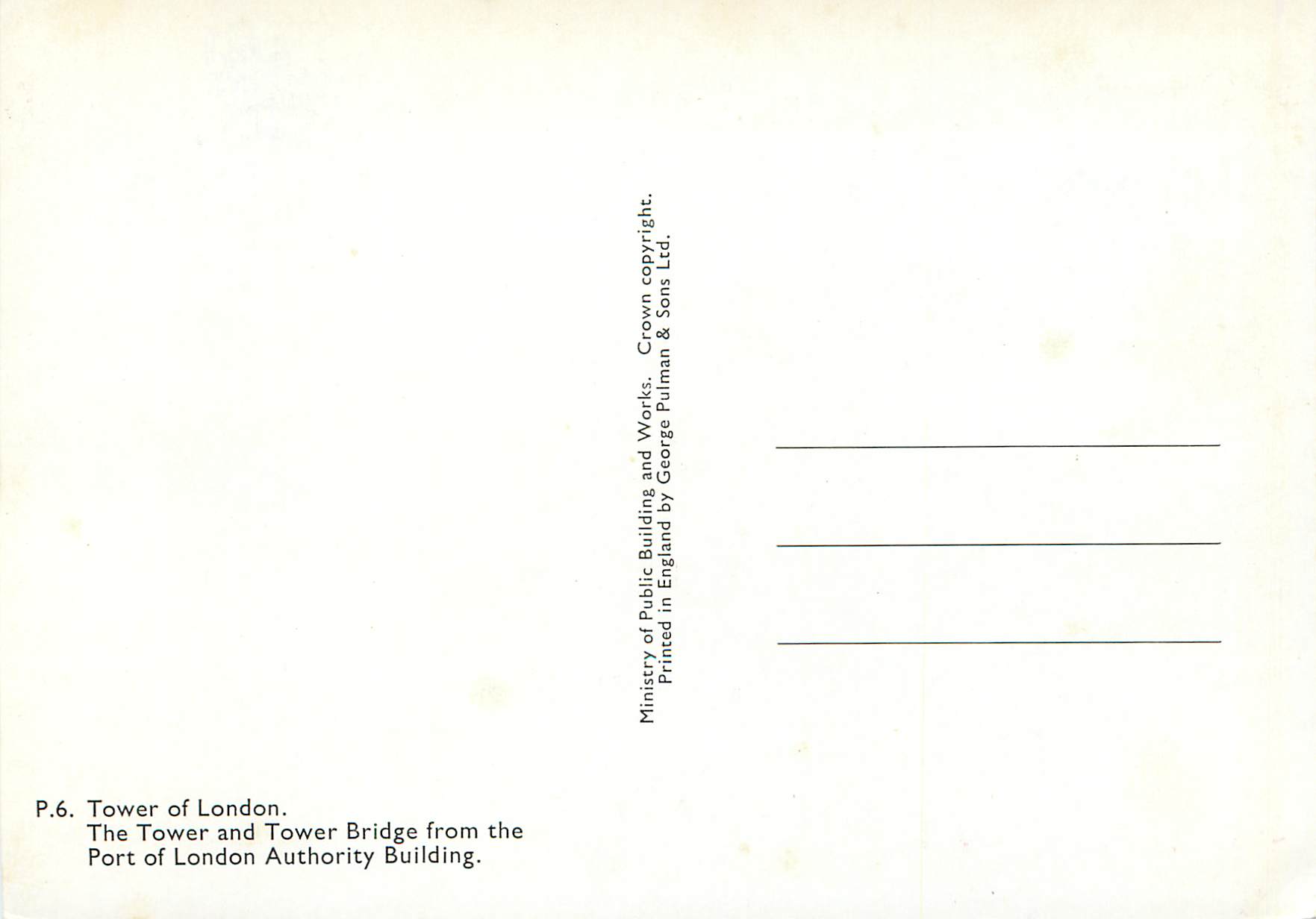 CPM The Tower and Tower Bridge from the Port of London Authority Building — Verso