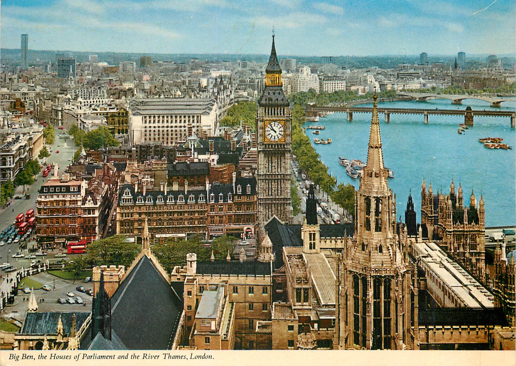 Big Ben, las casas del Parlamento y el río Támesis, Londres — Publicado por I.V.P. Ltd. Londres Inglaterra