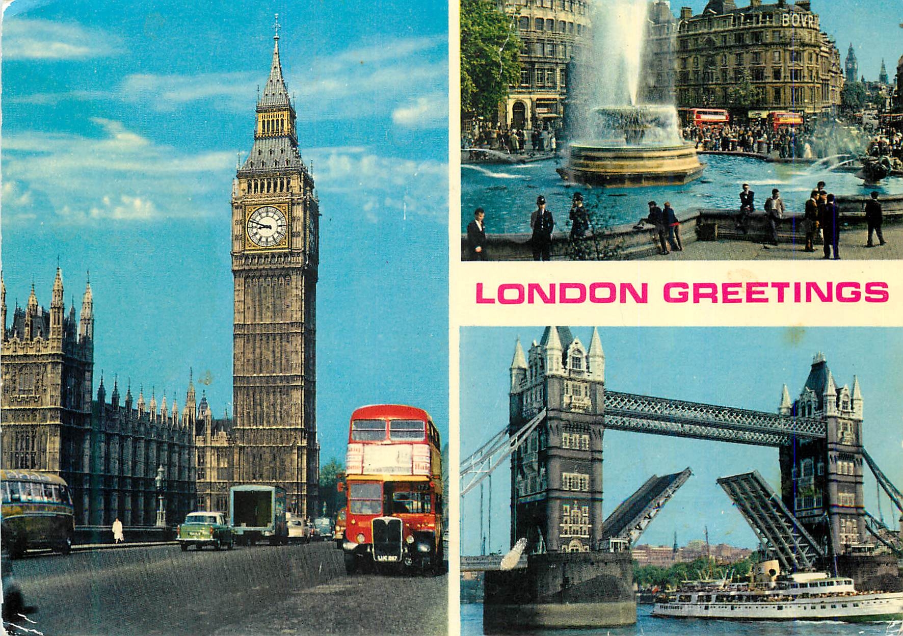 CPM London Greeting Big Ben and the Houses of Parliament Trafalgar Square Tower Bridge