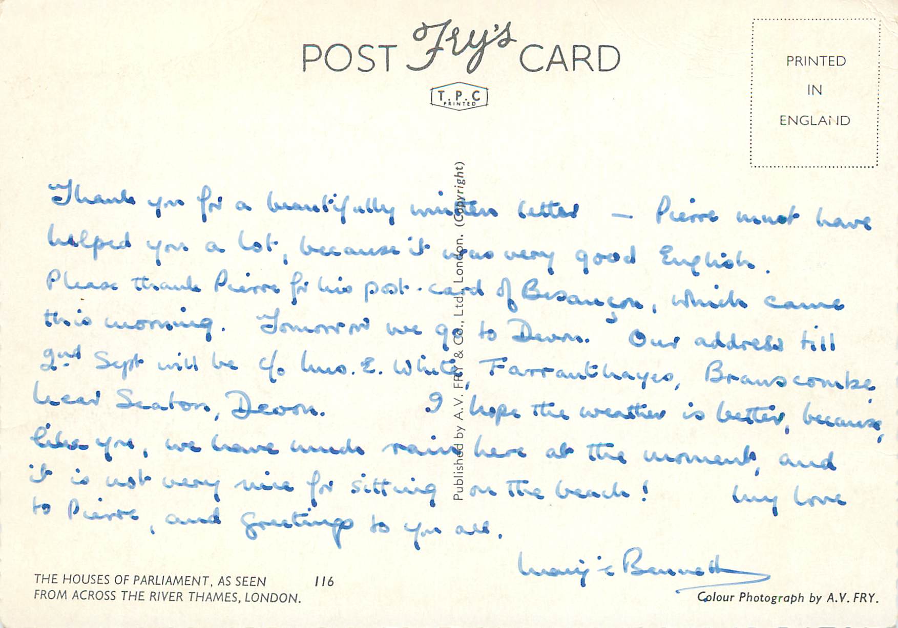 Les Chambres du Parlement, vue depuis la rivière Thames, Londres — Fry's Card n°116 — Verso