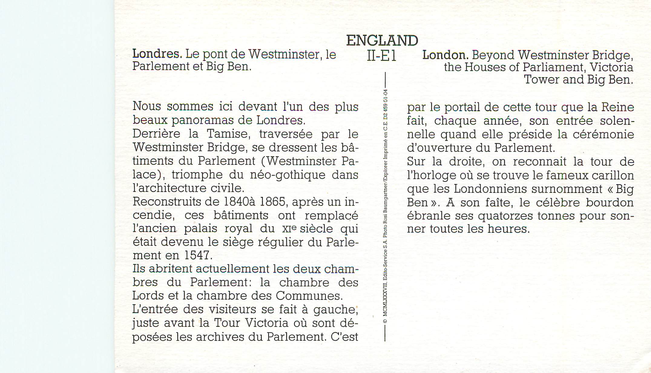 CPM LOndres Le pont de Westminster le Parlement et Big Ben — Rückseite