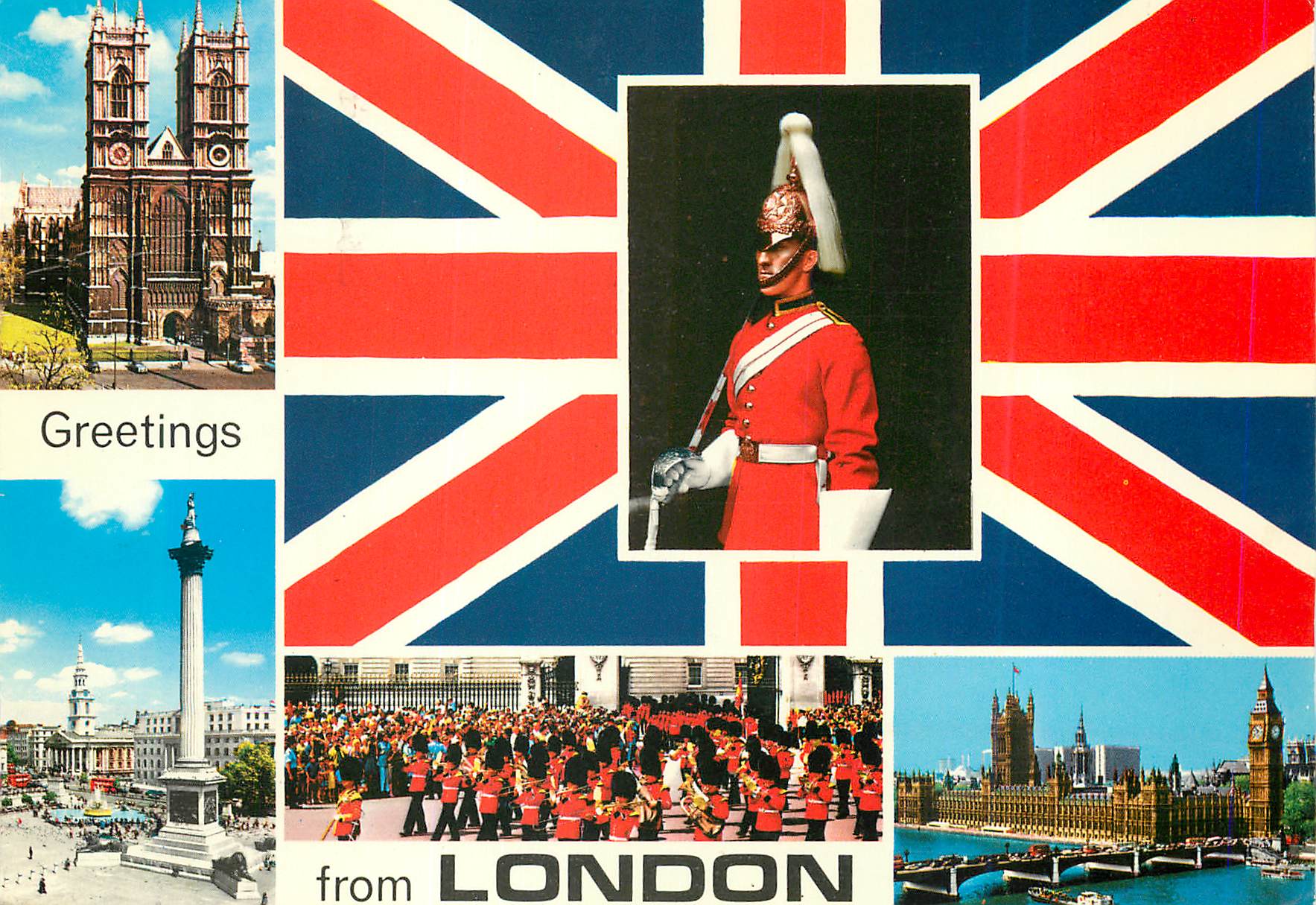 CPM London Westminster Abbey Trafalgar Square Dismounted Sentry A Guards Ban Houses of Parliament