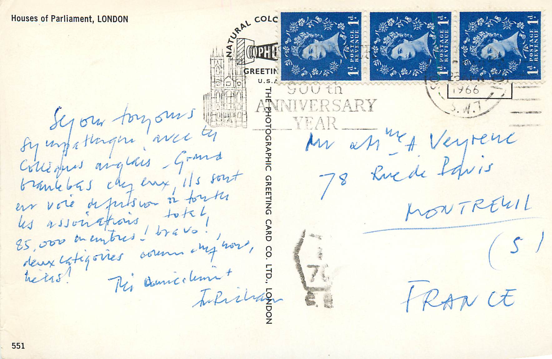 Houses of Parliament, LONDON — 500th Anniversary Year — Natural Colc Greeting Card Co. Ltd., London, n°551 — Rückseite