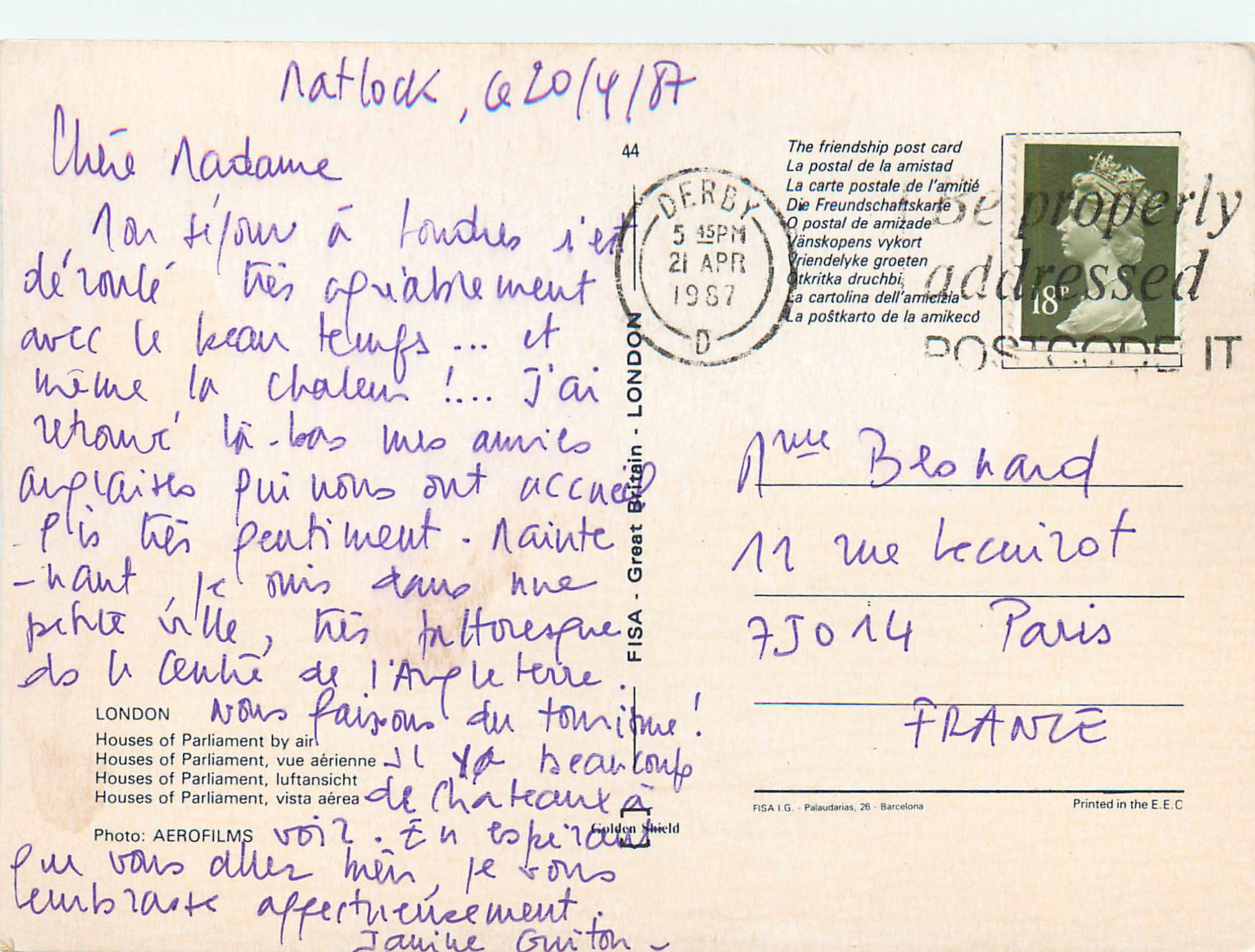 Londres — Vue aérienne du Parlement — FISA I.G. Palautdarias, 26, Barcelone — Verso