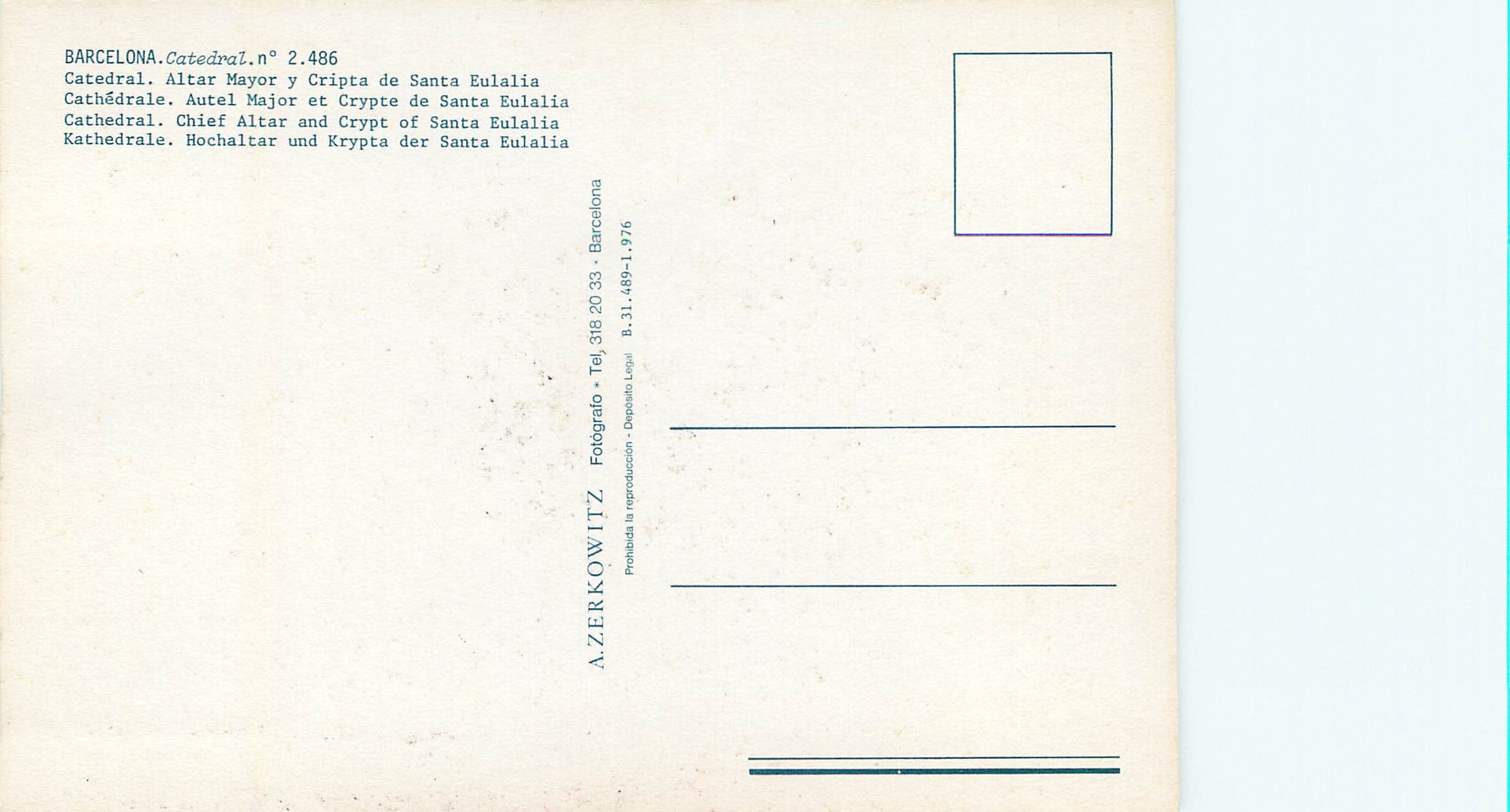 CPM Barcelona Cathedrale Autel Major et Crypte de Santa Eulalia — Rückseite