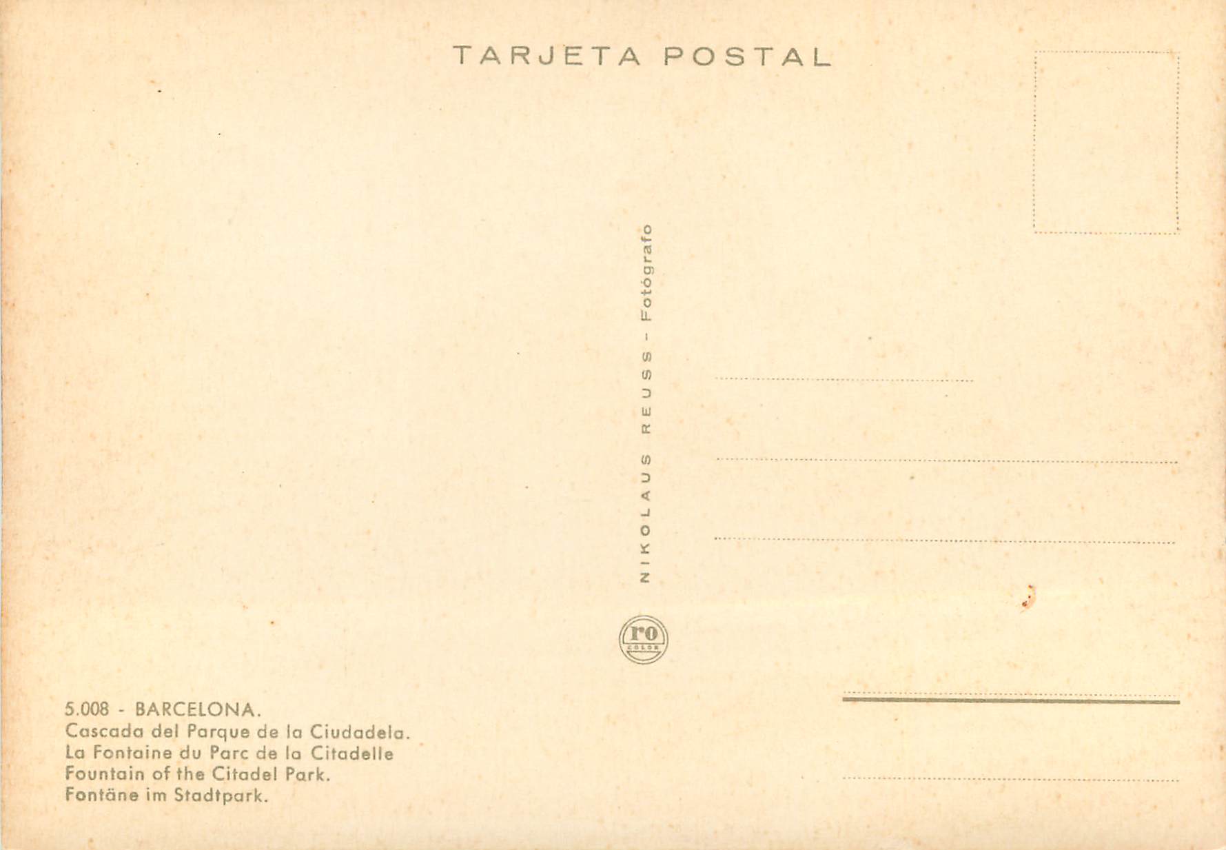 CPM Barcelona La Fontaine du Parc de la Citadelle — Rückseite