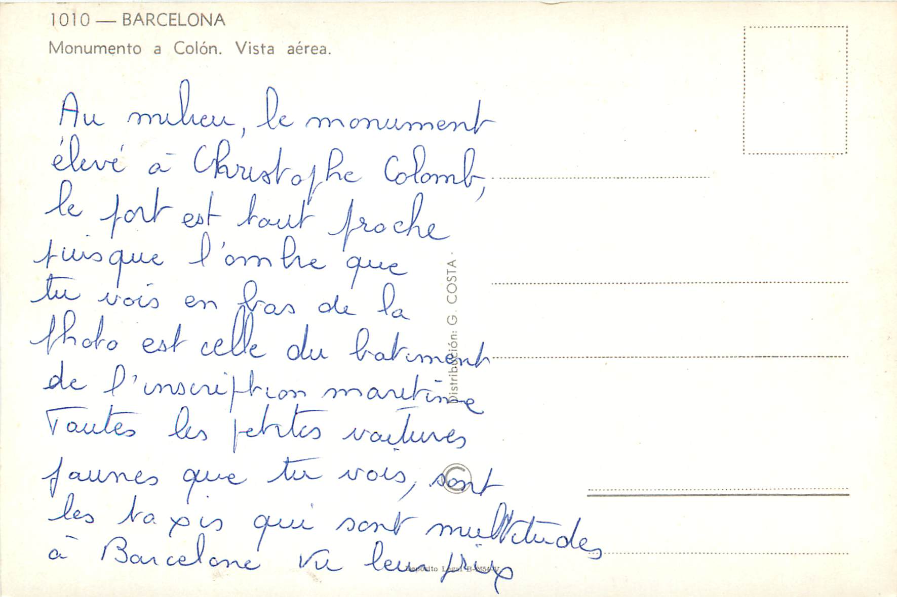 CPM Barcelona Monumento a Colon Vista Aeria — Rückseite
