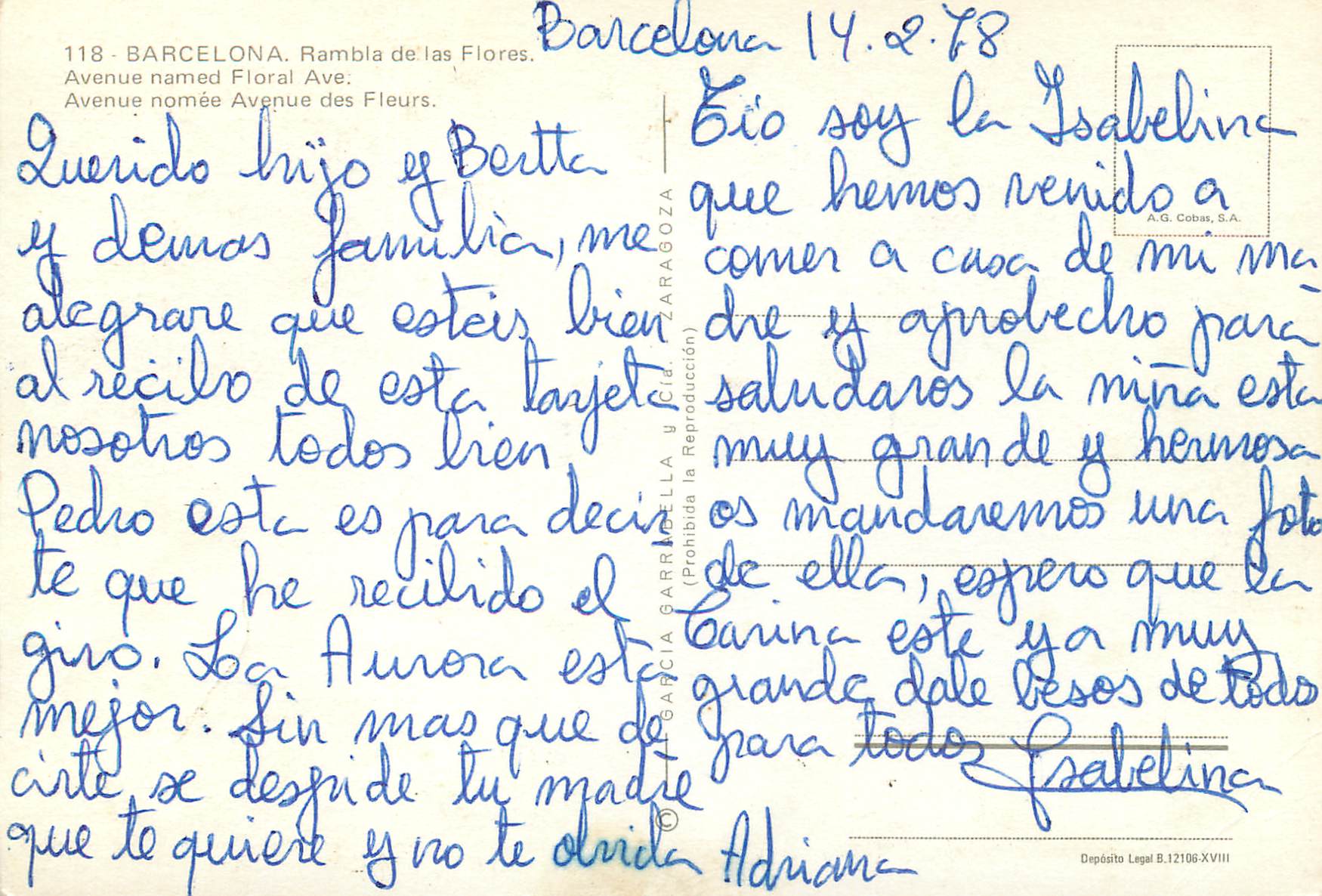CPM Barcelona Avenue Nomee Avenue des Fleurs — Rückseite