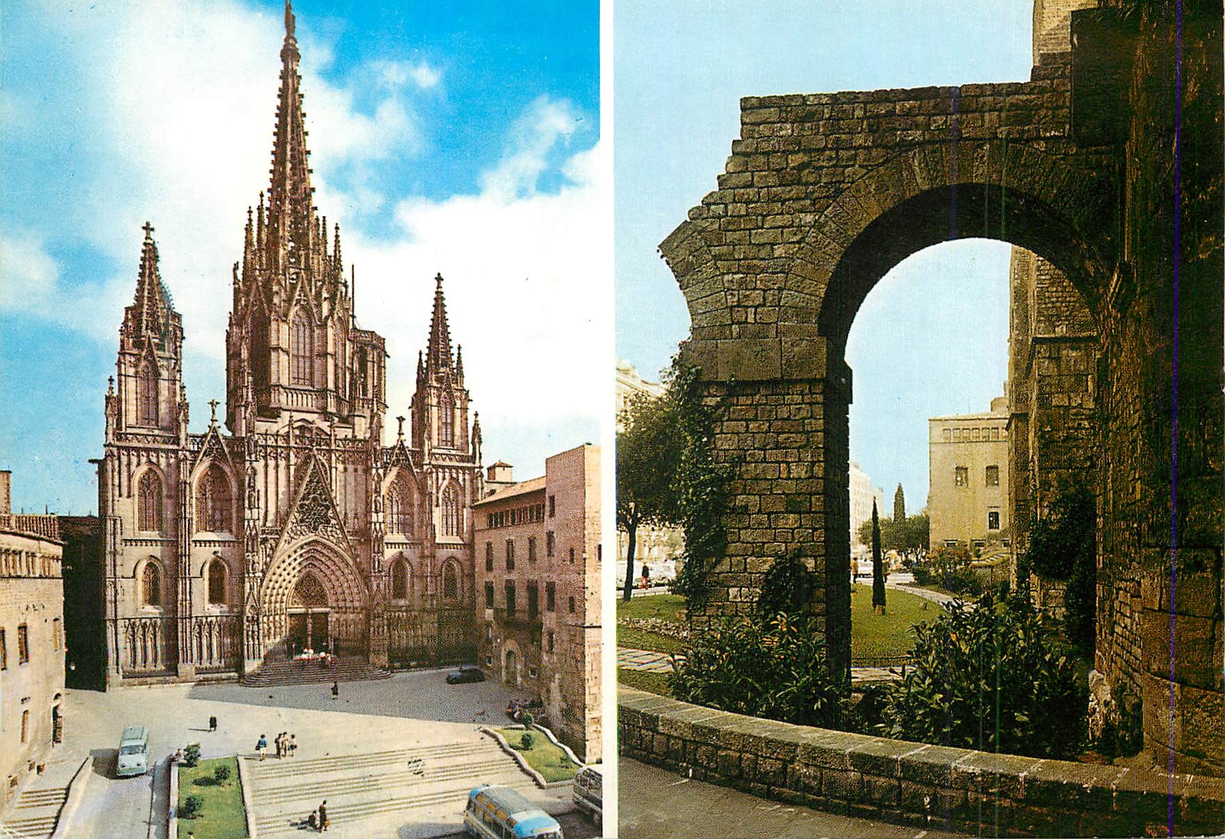 CPM Barcelona Cathedrale et Detail des Murailles Romaines